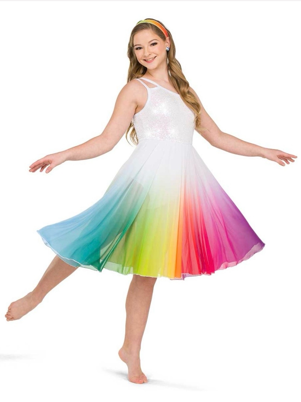 Girls White Rainbow Gradient Dance Dress with Sparkle Bodice